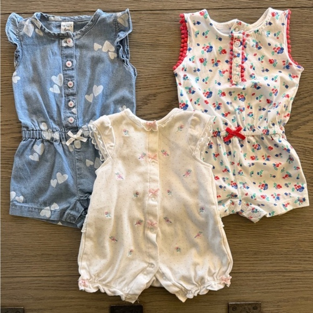 Carter's Blue, White & Cream Floral and Heart Sleeveless Baby Rompers - 3 Pack